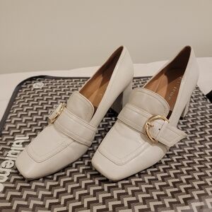 Cream Leather Square Toe Block Heels with Gold Buckle